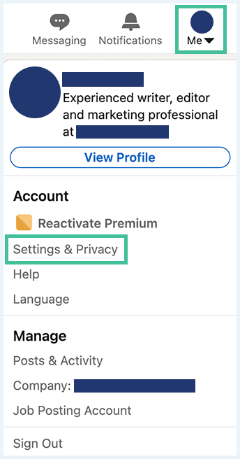 Screenshot of a dropdown menu of LinkedIn account icon, with some redacted information and Settings and Privacy option highlighted