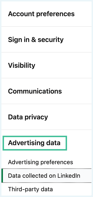 Screenshot of a LinkedIn account Settings and Privacy menu with Advertising data option highlighted
