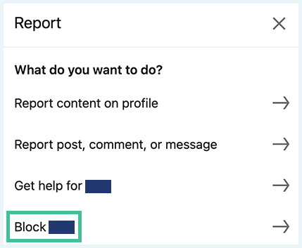 Screenshot of a LinkedIn profile Report menu with Block option highlighted