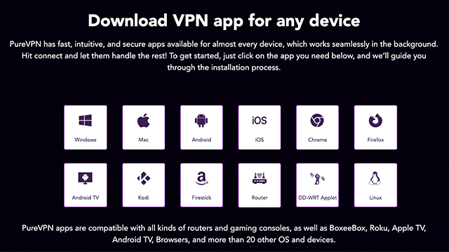 Screenshot of PureVPN app, Download VPN app for any device window