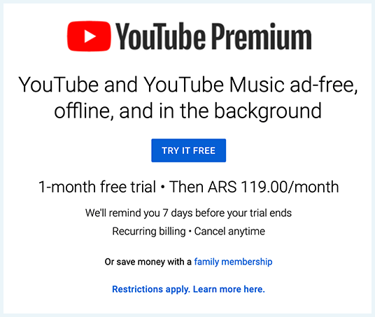 YouTube Premium Argentinian Pricing window screenshot